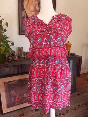 LOFT Petite Red Paisley Boho Dress LP Cap Sleeve Tie Waist Flowy